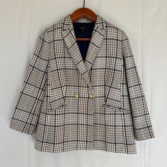 Talbots Petite Brown Ivory Blue Plaid Gold Double Breasted Blazer Size 16 Petite - Picture 2 of 15